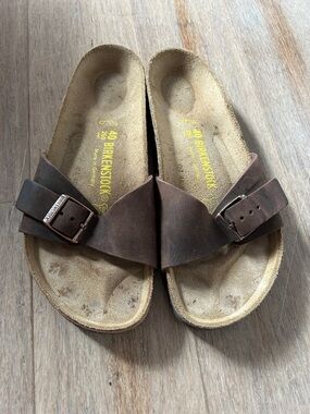 Birkenstock Brown Leather Madrid Single Strap Slip-On Sandals size L 9 M 7